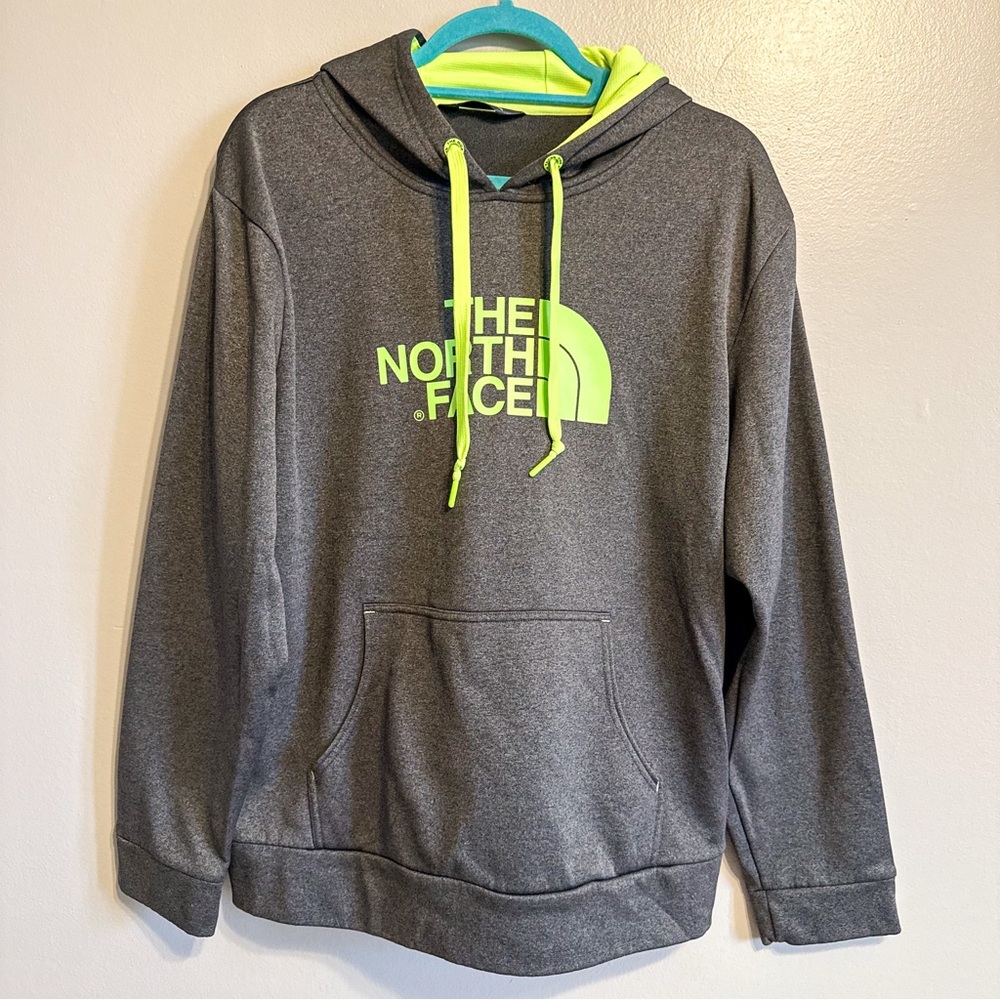 The North Face Hoodie Gray Neon Green Logo Pullover Sweatshirt Size L